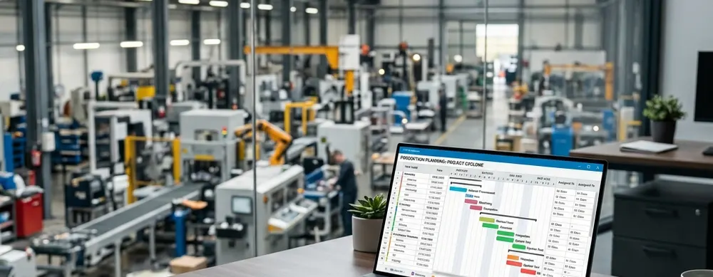 Fabrika sahasına bakan masada Gantt şemalı üretim planı açık dizüstü bilgisayar