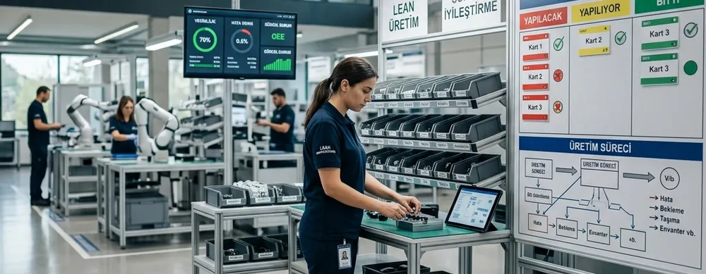 Kanban panosu ve yalın üretim tabelalarının bulunduğu üretim hücresinde çalışan operatör